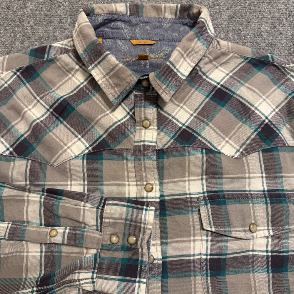 Jachs Girlfriend Bea Plaid Flannel Shirt XL Grey Teal Western Snap Front Pocket